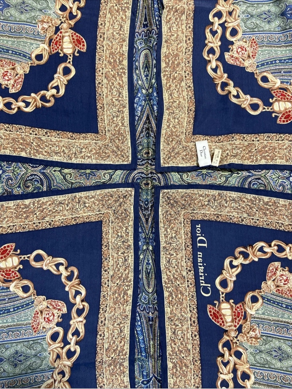 DIOR Vintage SILK Scarf 35” NAVY Gold/Ruby Jewel & Blue-Green Paisley print EUC - Picture 11 of 16
